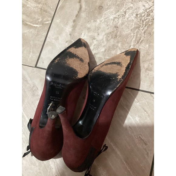Yves Saint Laurent Burgundy Suede Bow Pointed Toe Pump - Picture 8 of 12